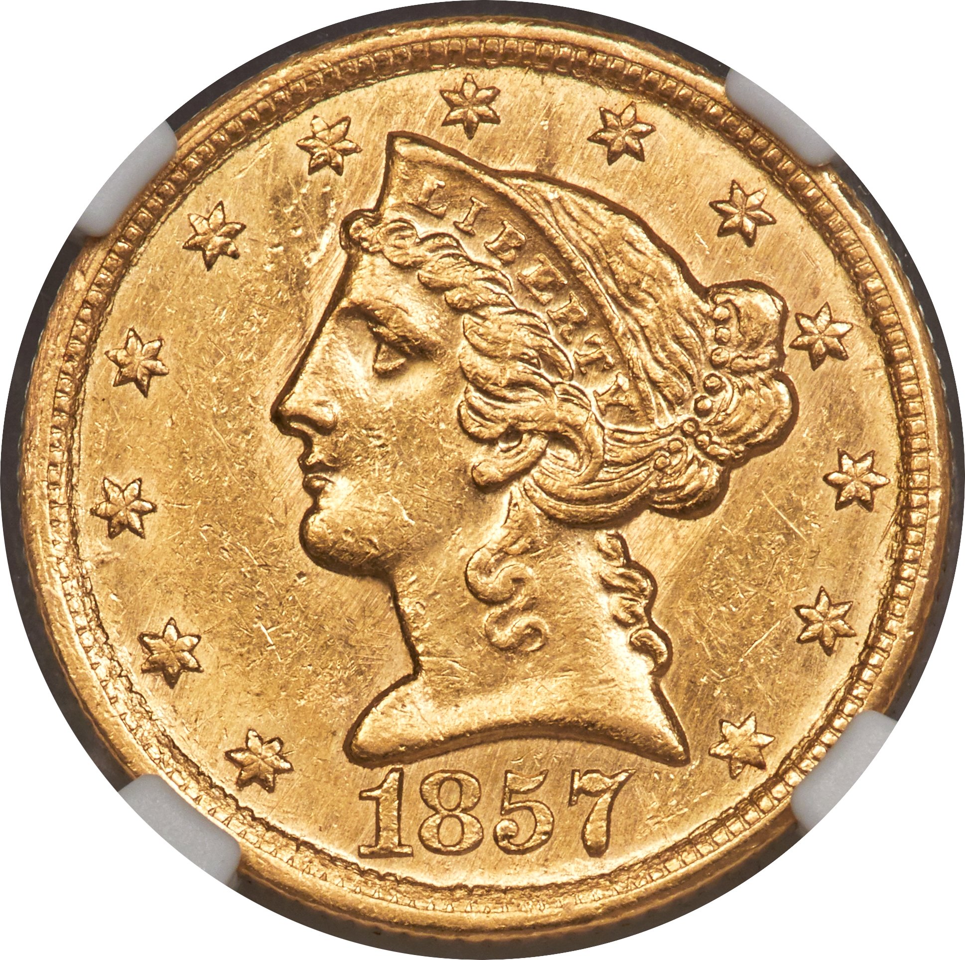 image for: 1857-C $5 MS61+ NGC. Variety 1....