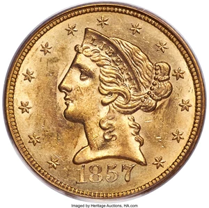 image for: 1857-S $5 MS62 PCGS....