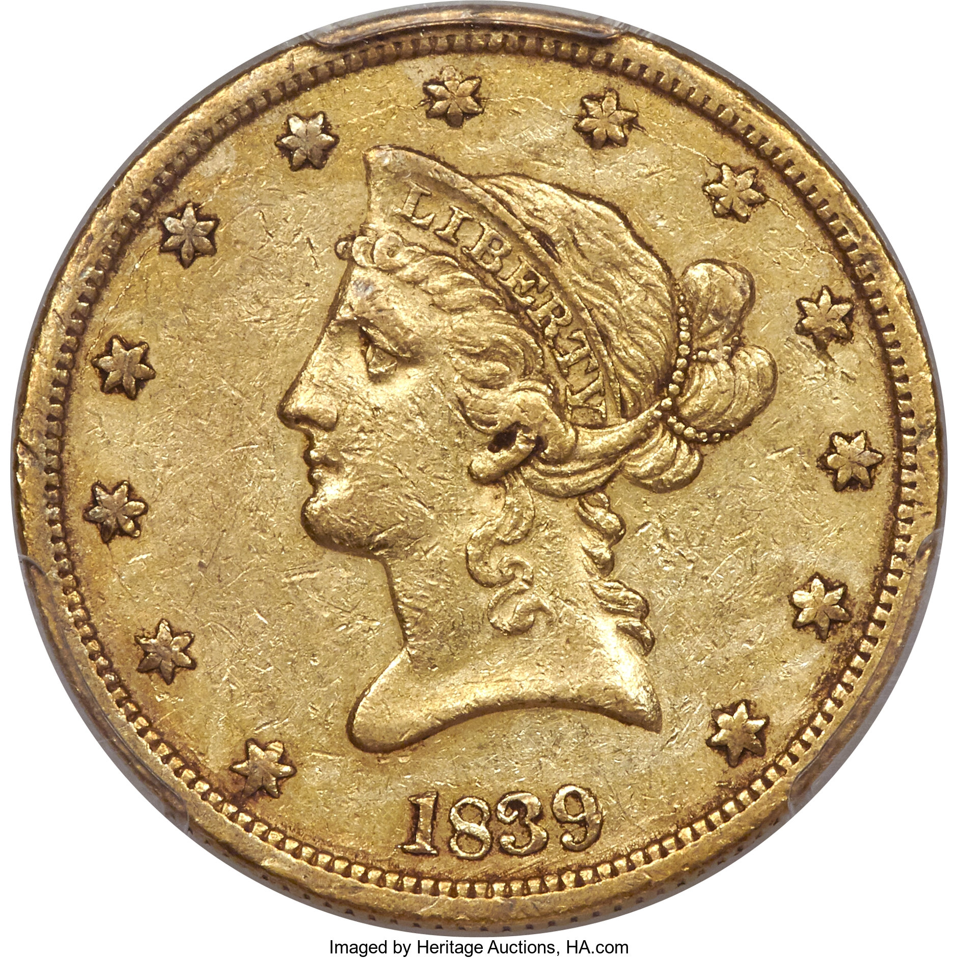 image for: 1839 $10 Small Letters, Head of 1840, AU50 PCGS....