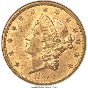 image for: 1869-S $20 MS62 NGC....