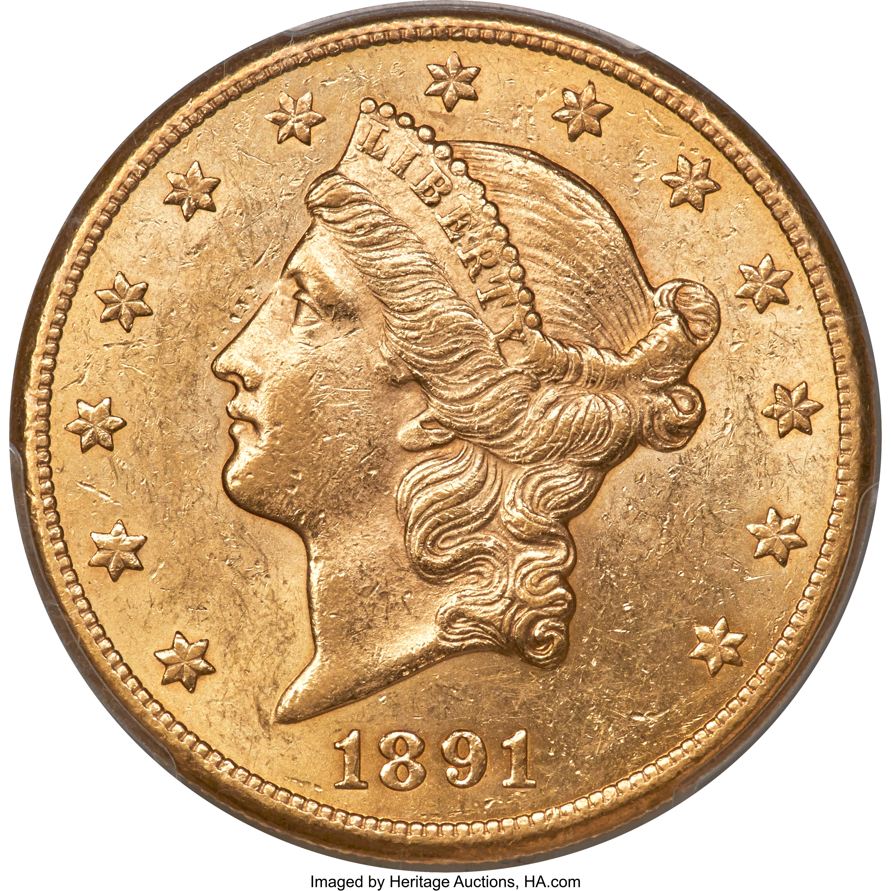 image for: 1891-CC $20 AU58 PCGS. CAC. Variety 1-A....
