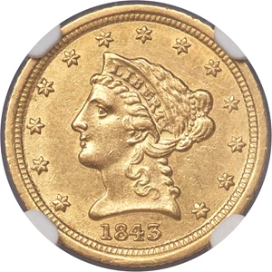 image for: 1843-D $2 1/2 Small D AU58 NGC. Variety 4-F....