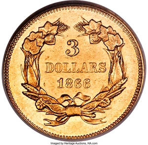 image for: 1866 $3 MS61 NGC....