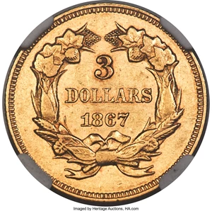 image for: 1867 $3 AU55 NGC....