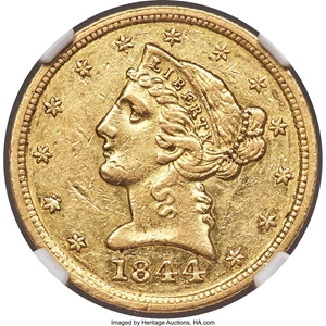 image for: 1844-D $5 AU53 NGC. Variety 11-G....