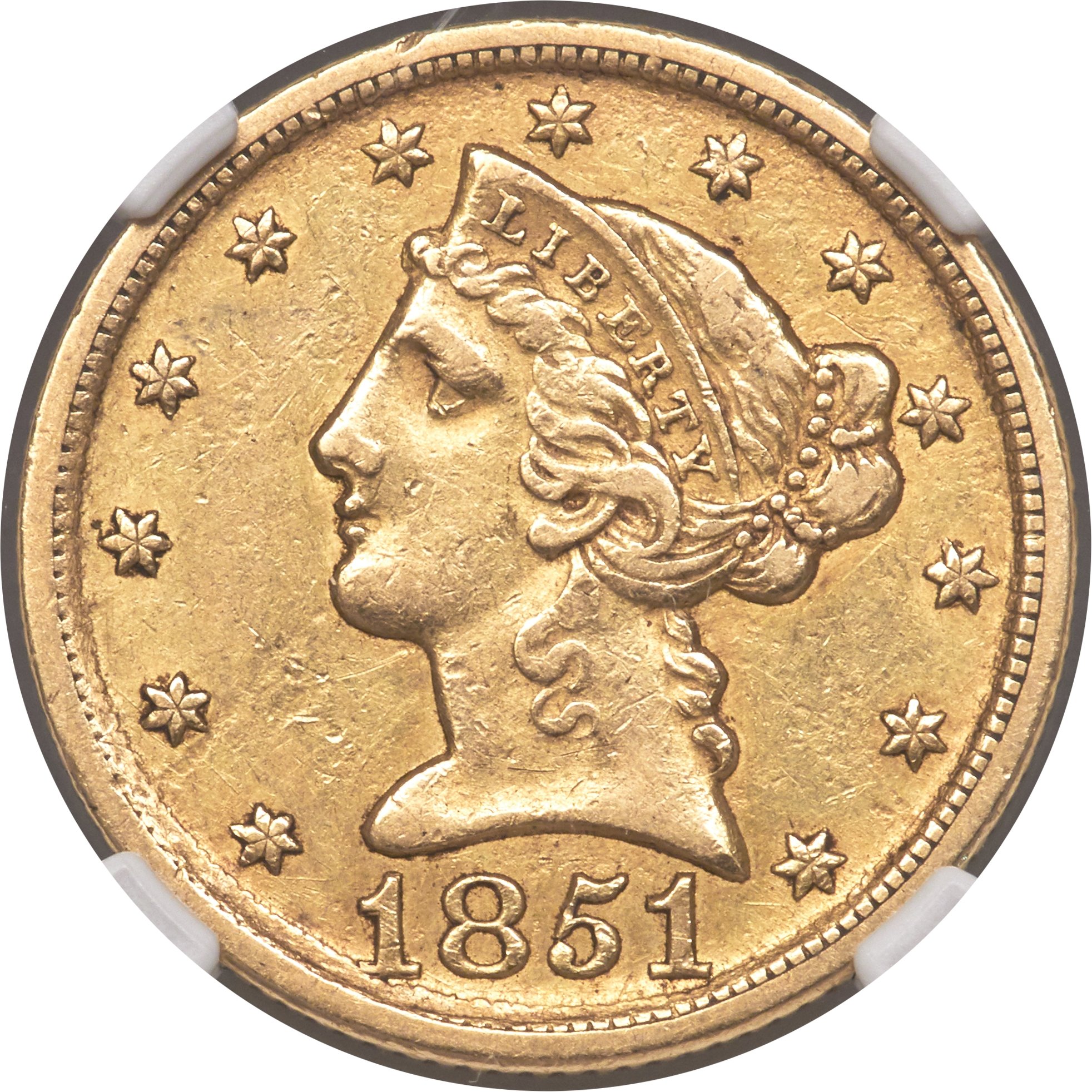 image for: 1851-D $5 AU53 NGC. Variety 31-V....