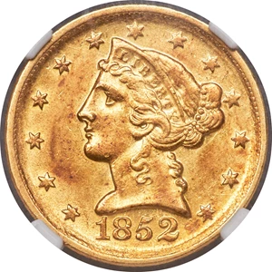 image for: 1852-D $5 MS60 NGC. Variety 32-V....