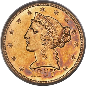image for: 1857-S $5 AU58 PCGS....