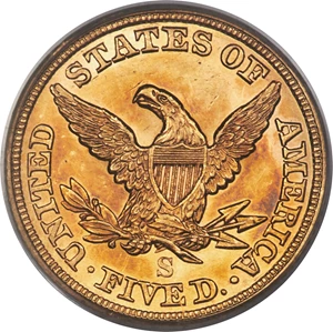 image for: 1857-S $5 AU58 PCGS....