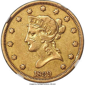 image for: 1839/8 $10 Large Letters, Head of 1838, XF45 NGC....