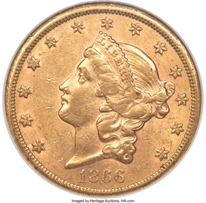 image for: 1866-S $20 Motto AU55 NGC....