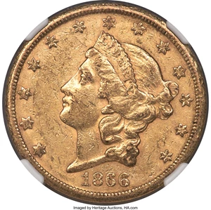 image for: 1866-S $20 Motto AU55 NGC. CAC....