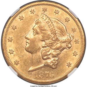 image for: 1876-CC $20 AU58 NGC. Variety 5-A....