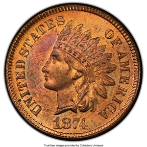 image for: 1874 1C MS64+ Red PCGS. CAC. PCGS Population: (73/60 and 4/9+). NGC Census: (18/23 and 0/0+). CDN: $650 Whsle. Bid for NGC/...