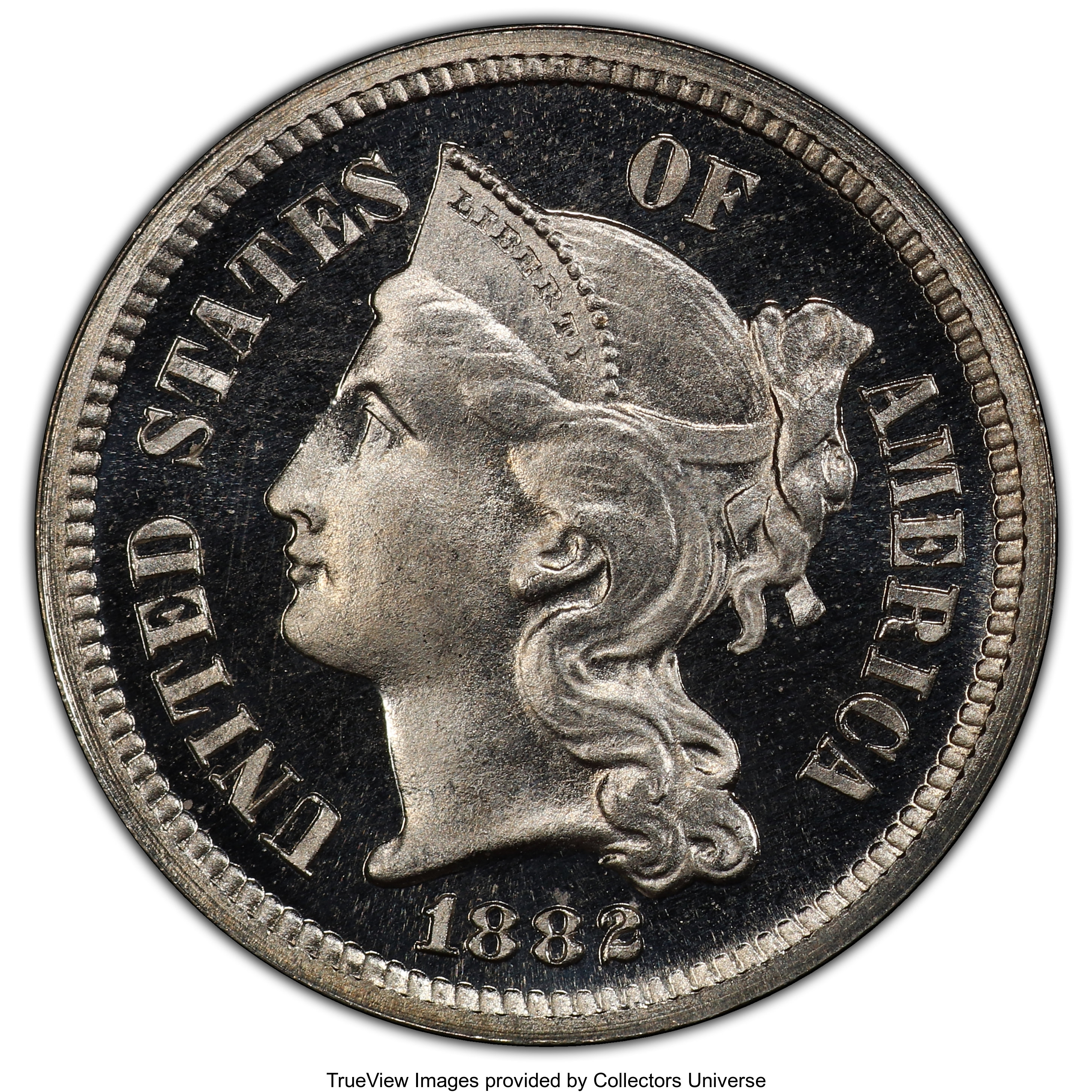 image for: 1882 3CN PR67+ Cameo PCGS. CAC. PCGS Population: (62/7 and 4/1+). NGC Census: (39/4 and 3/1+). PR67. Mintage 3,100. ...