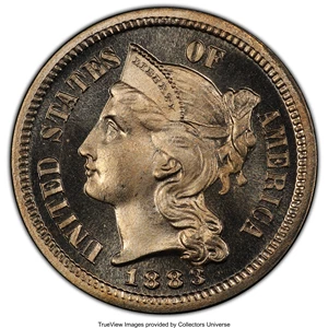 image for: 1883 3CN PR67+ Cameo PCGS. CAC. PCGS Population: (47/3 and 12/0+). NGC Census: (21/7 and 1/0+). PR67. ...