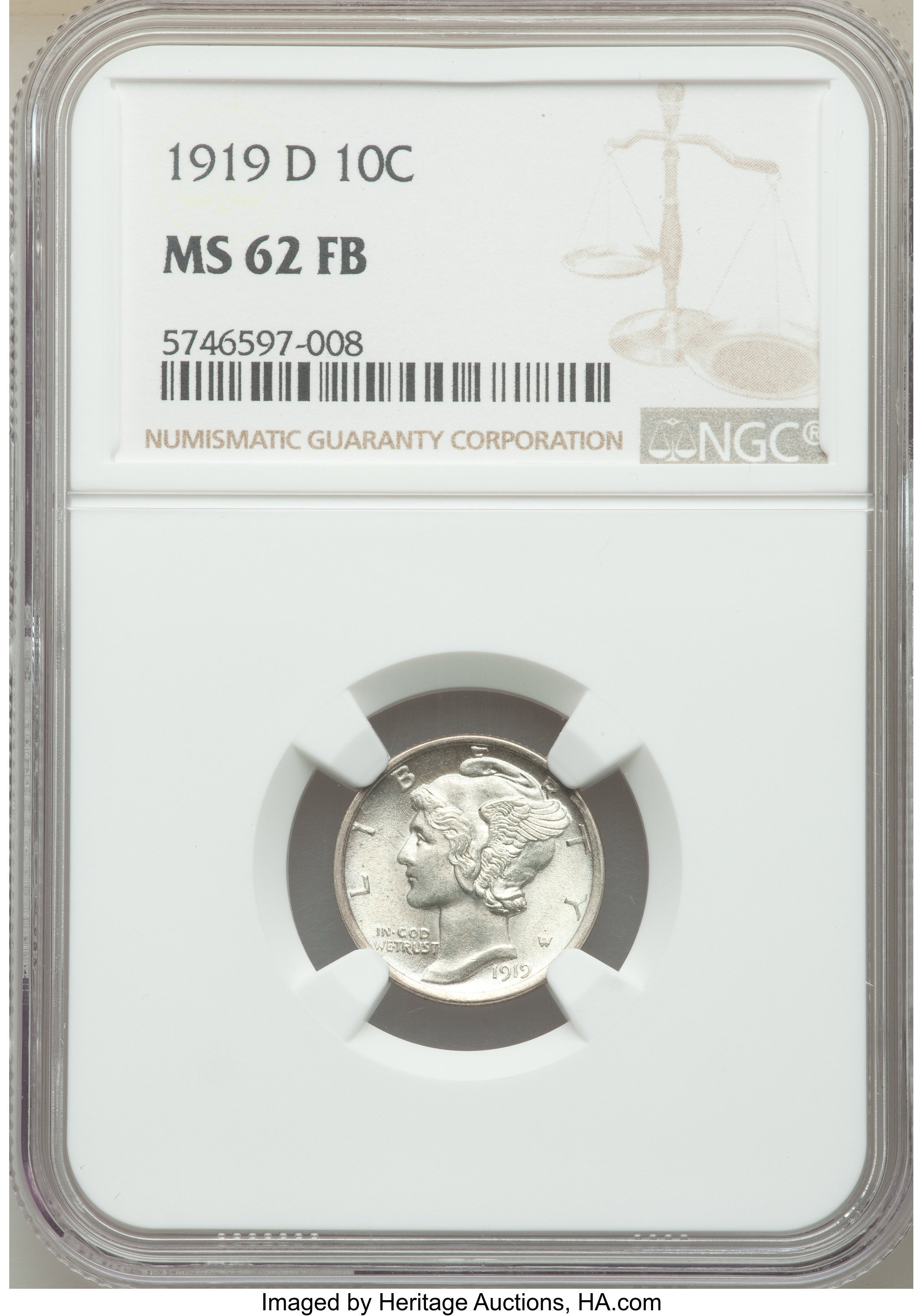 1919-D 10C MS62 Full Bands NGC. NGC Census: (15/72). PCGS Population: (28/209). Mintage 9,939,000. ...