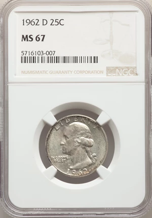 image for: 1962-D 25C MS67 NGC. NGC Census: (27/0). PCGS Population: (11/0). CDN: $2,200 Whsle. Bid for NGC/PCGS MS67. Mintage 127,554...