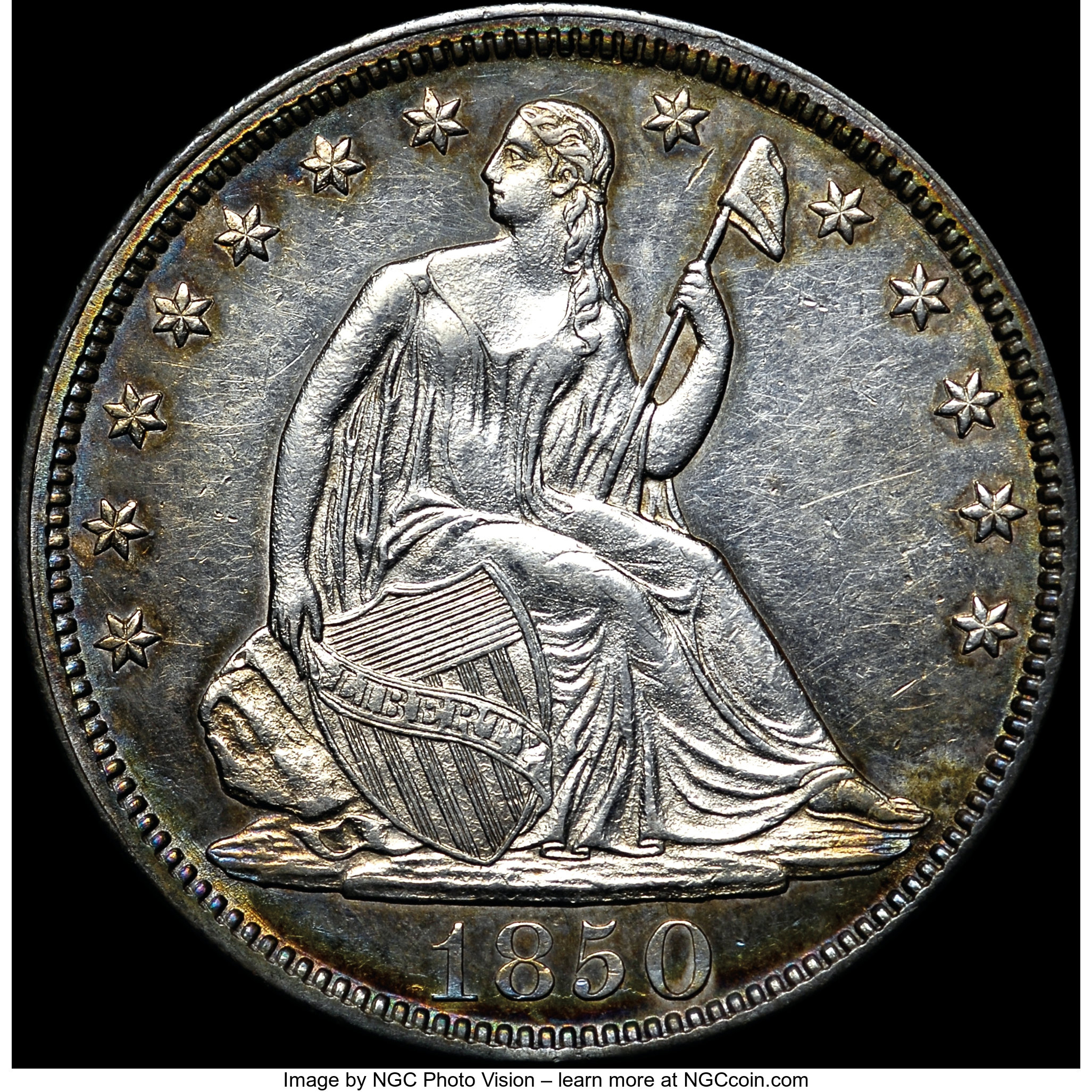 image for: 1850 50C MS62 NGC. Ex: "Col." E.H.R. Green, Newman. NGC Census: (6/16). PCGS Population: (2/17). CDN: $2,300 Whsle. Bid for...