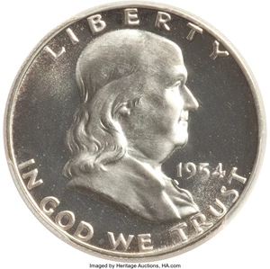 image for: 1954 50C PR68+ Cameo PCGS. CAC. PCGS Population: (65/0 and 2/0+). NGC Census: (230/10 and 0/0+). PR68. ...