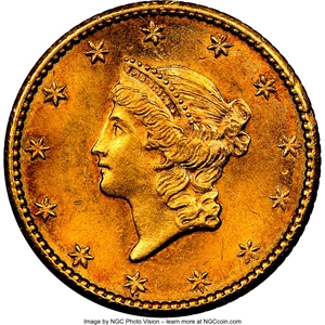 image for: 1849 G$1 No L MS63 NGC. NGC Census: (58/126). PCGS Population: (82/117). CDN: $1,450 Whsle. Bid for NGC/PCGS MS63. ...