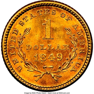 image for: 1849 G$1 No L MS63 NGC. NGC Census: (58/126). PCGS Population: (82/117). CDN: $1,450 Whsle. Bid for NGC/PCGS MS63. ...