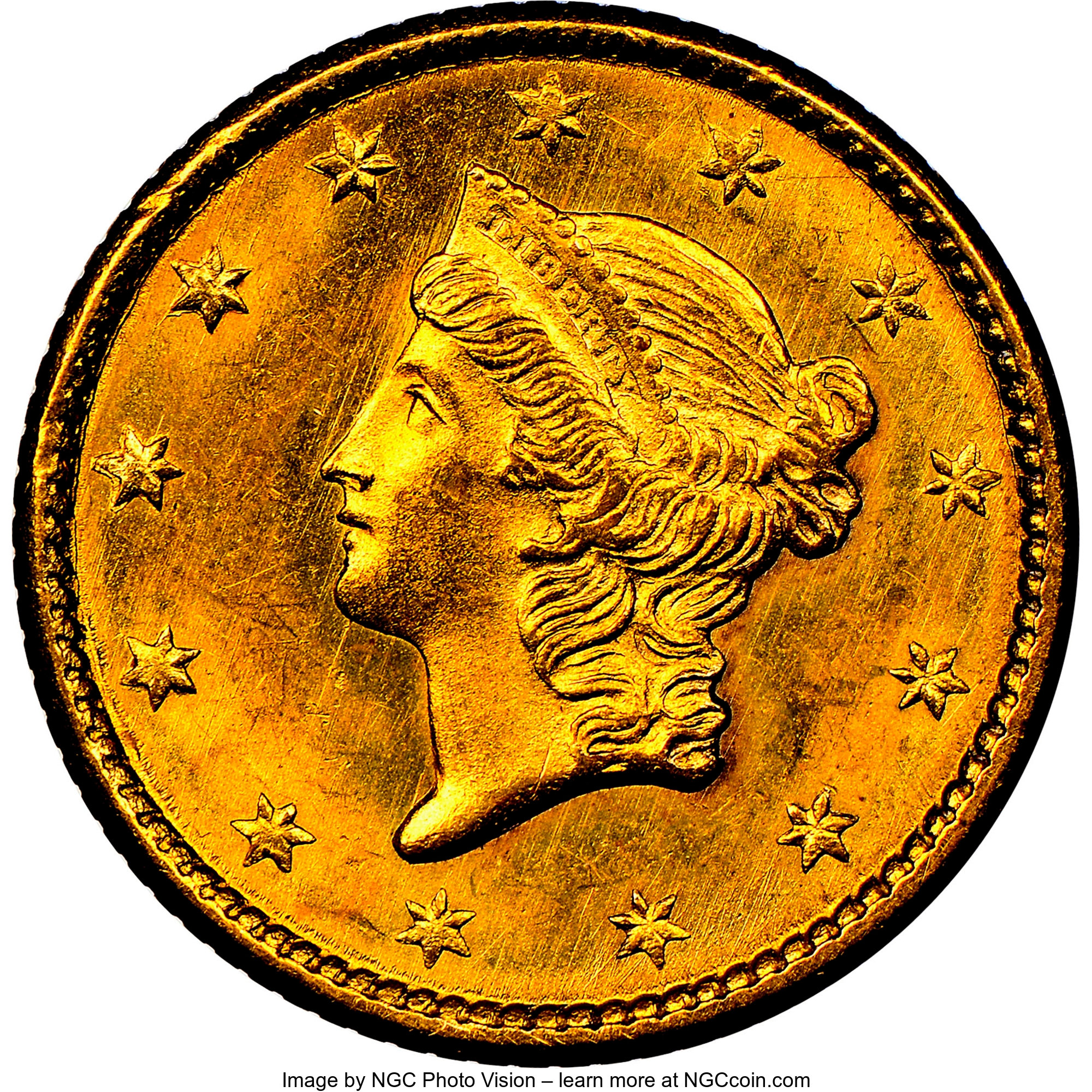 image for: 1850 G$1 MS64 NGC. NGC Census: (35/16). PCGS Population: (43/26). CDN: $1,000 Whsle. Bid for NGC/PCGS MS64. Mintage 481,953...