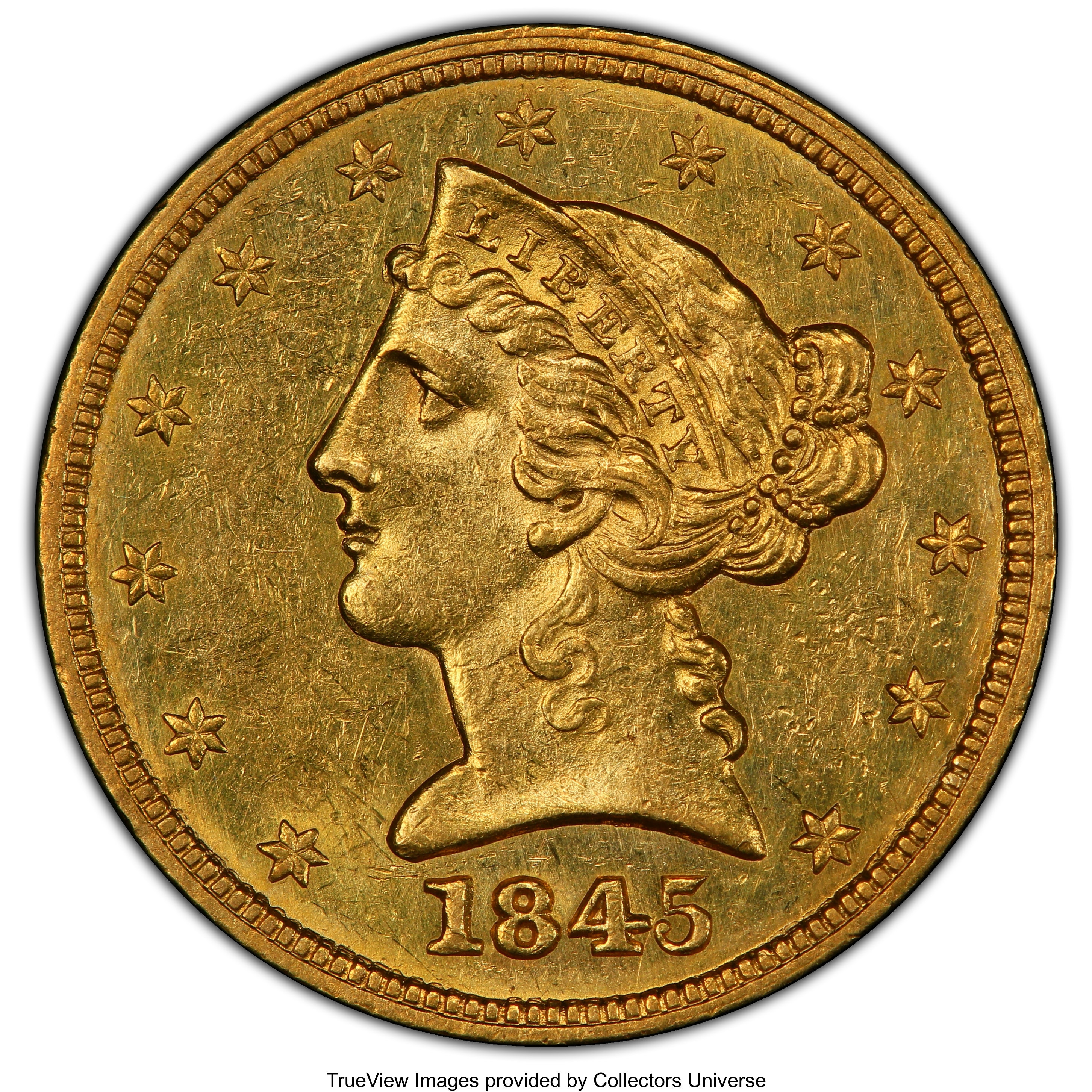 image for: 1845 $5 MS61 PCGS. PCGS Population: (10/40 and 0/5+). NGC Census: (10/27 and 0/3+). CDN: $2,300 Whsle. Bid for NGC/PCGS MS6...