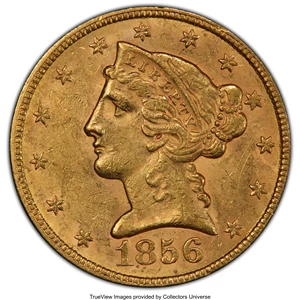 image for: 1856 $5 MS61 PCGS. PCGS Population: (14/29 and 0/2+). NGC Census: (21/19 and 0/0+). CDN: $1,600 Whsle. Bid for NGC/PCGS MS6...