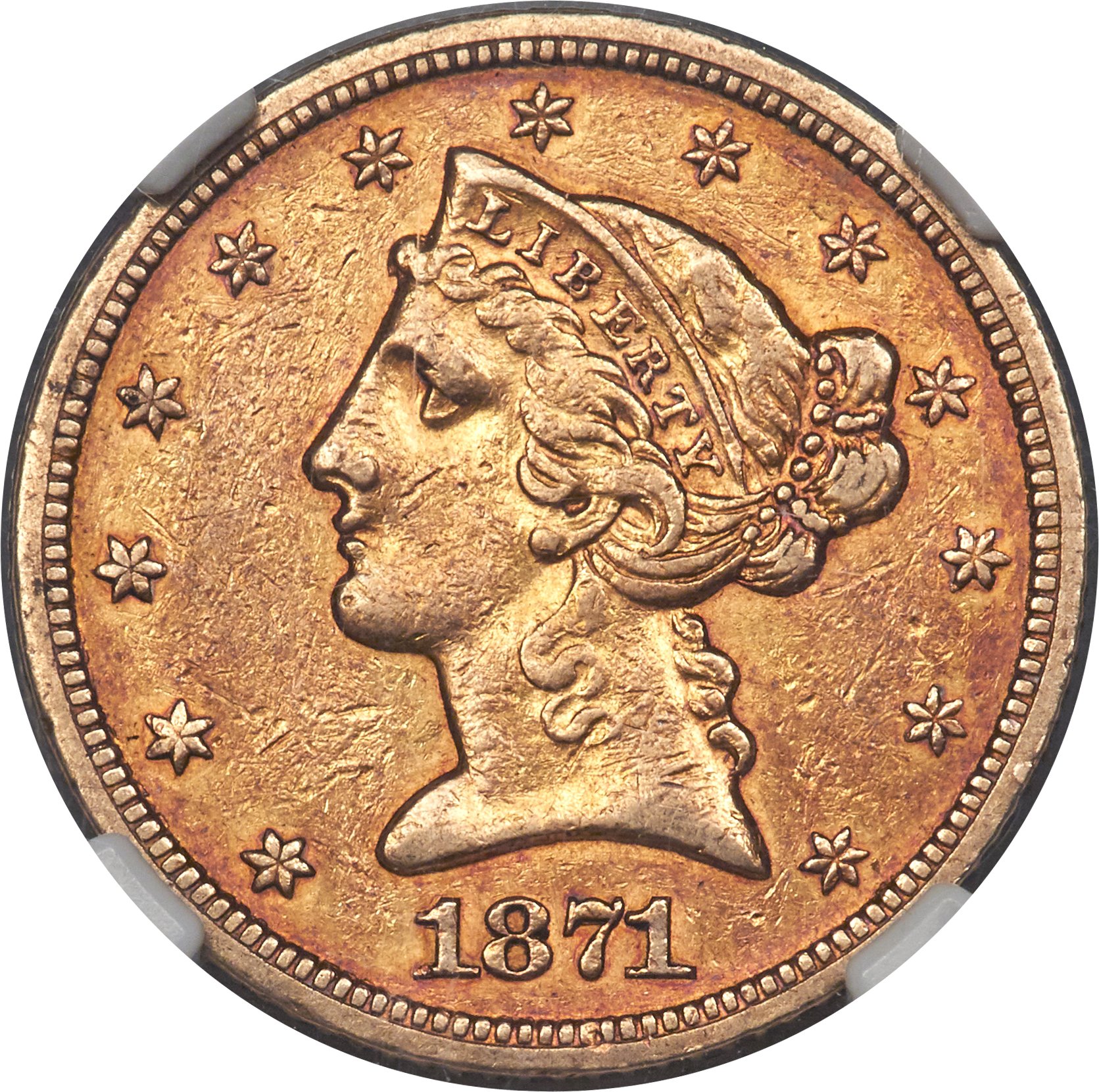 image for: 1871-S $5 AU53 NGC. NGC Census: (11/33). PCGS Population: (6/18). CDN: $2,250 Whsle. Bid for NGC/PCGS AU53. Mintage 25,000....
