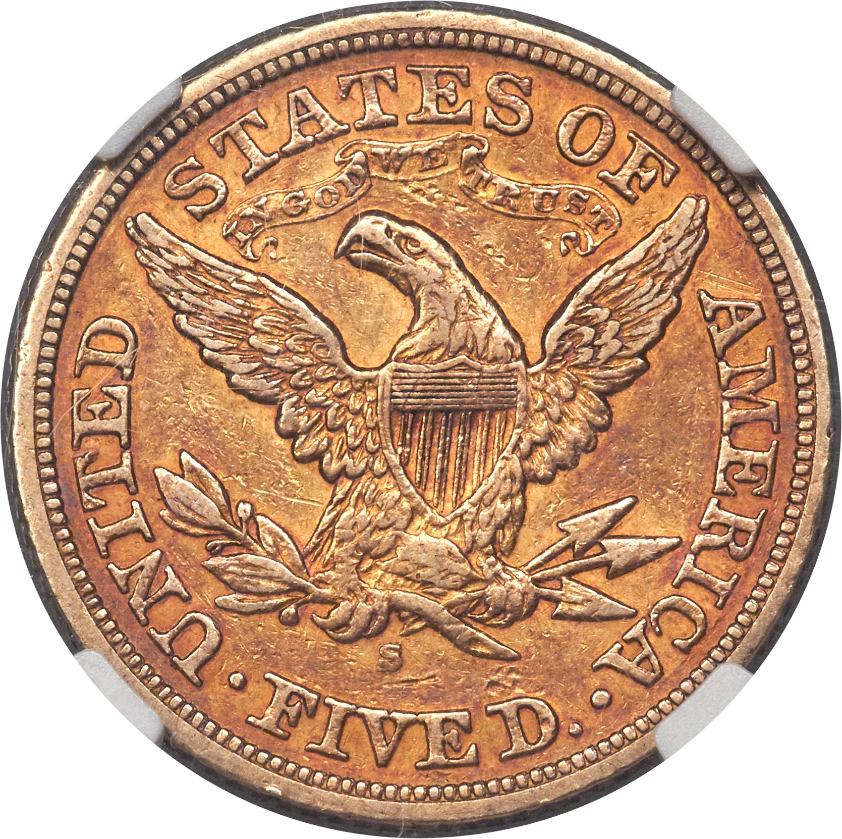 image for: 1871-S $5 AU53 NGC. NGC Census: (11/33). PCGS Population: (6/18). CDN: $2,250 Whsle. Bid for NGC/PCGS AU53. Mintage 25,000....