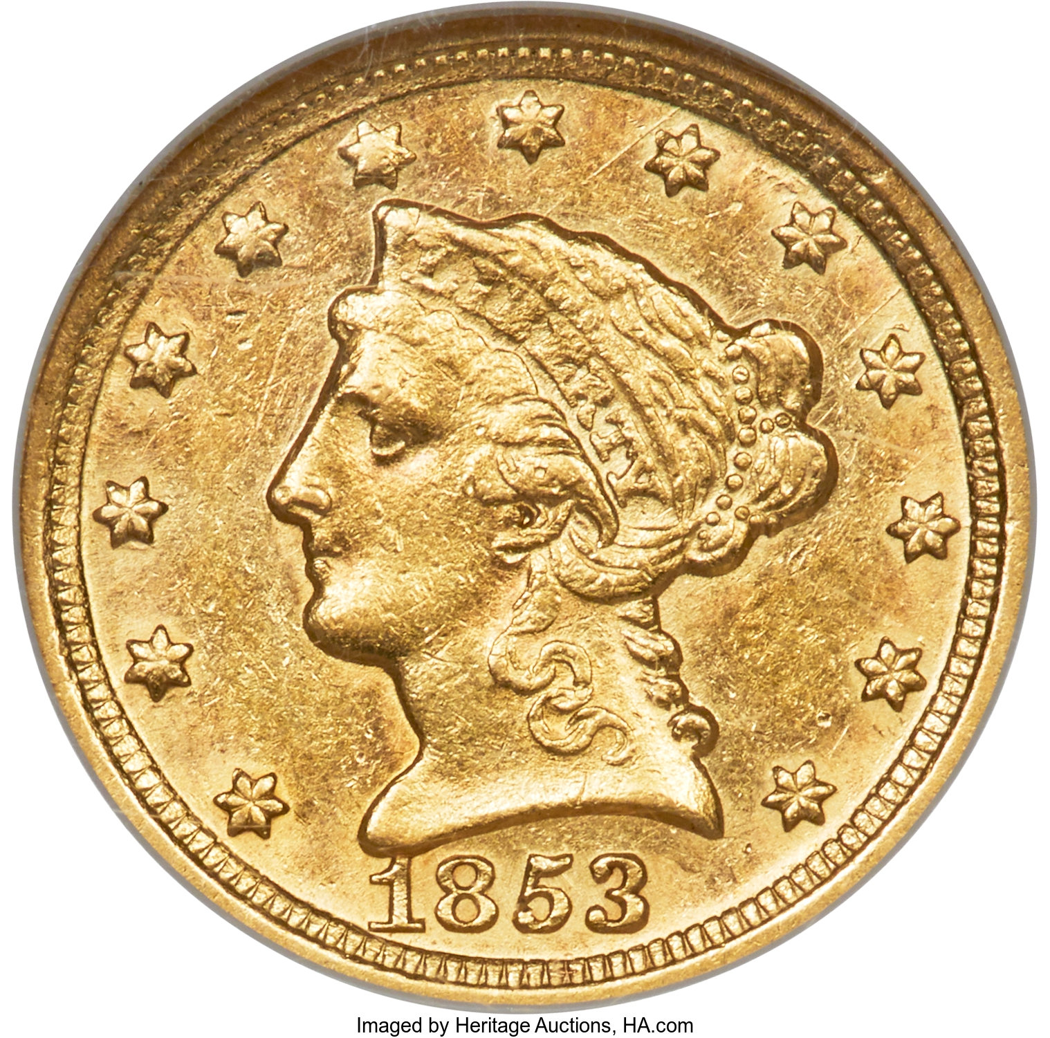 image for: 1853-D $2 1/2 AU53 NGC. Variety 17-N....