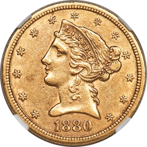 image for: 1880-CC $5 AU55 NGC. Variety 1-A....