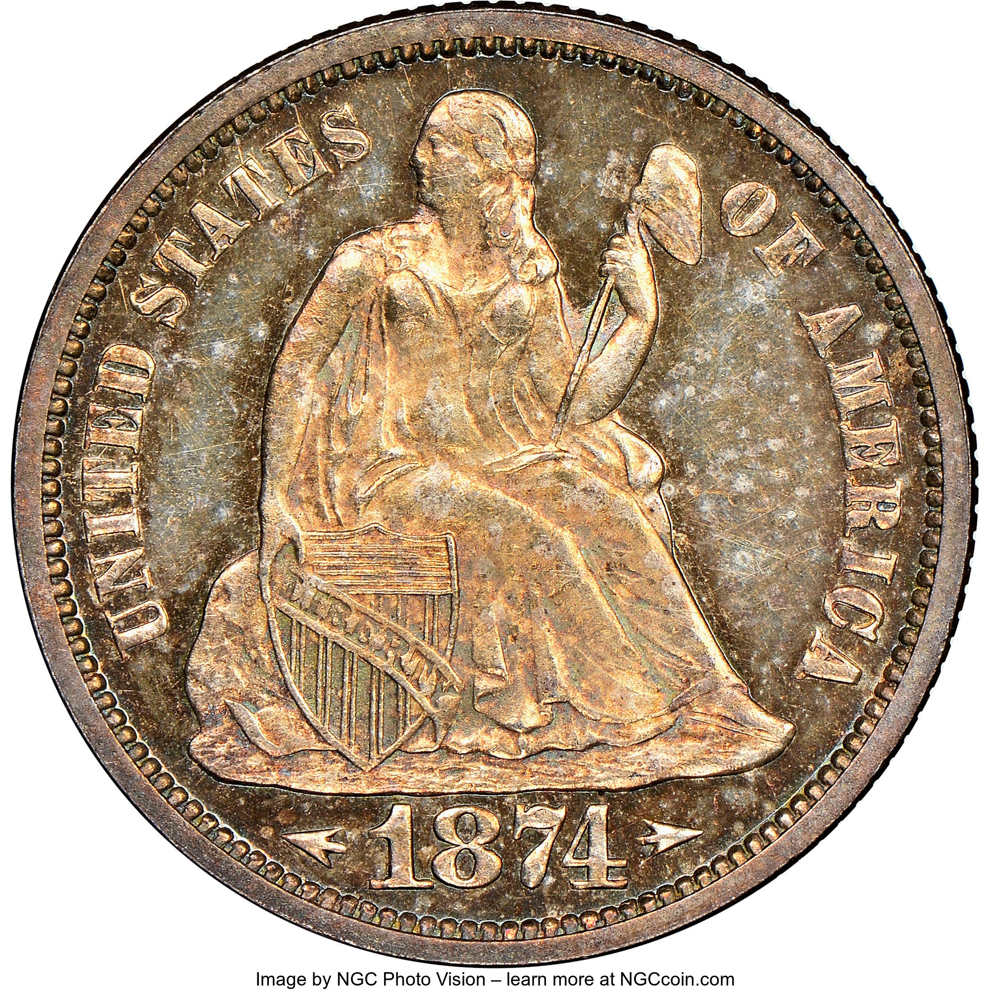 image for: 1874 10C Arrows PR64 Cameo NGC. NGC Census: (8/6). PCGS Population: (12/6). PR64. ...
