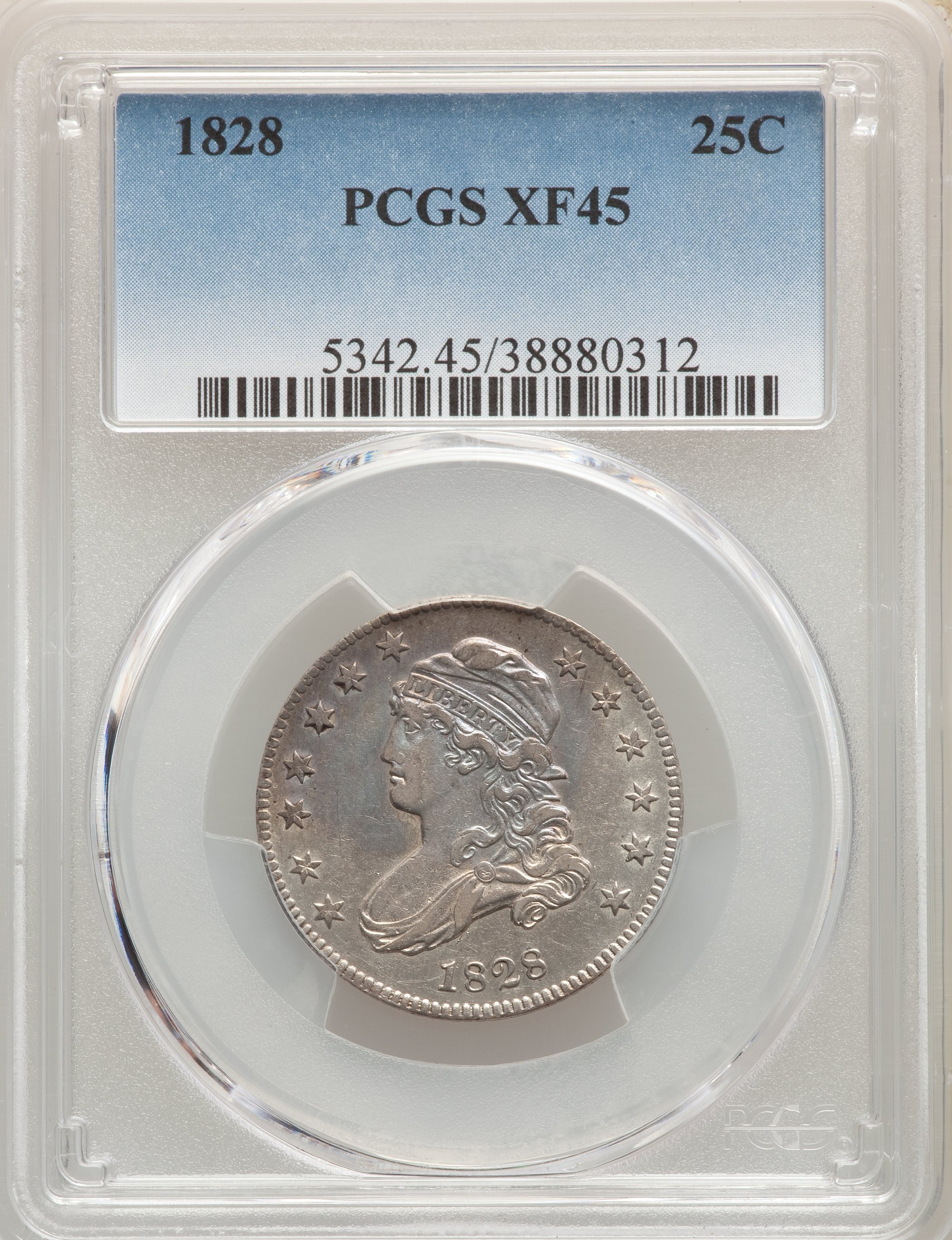 1828 25C XF45 PCGS. PCGS Population: (17/89). NGC Census: (3/87). CDN: $1,250 Whsle. Bid for NGC/PCGS XF45. Mintage 102,000...