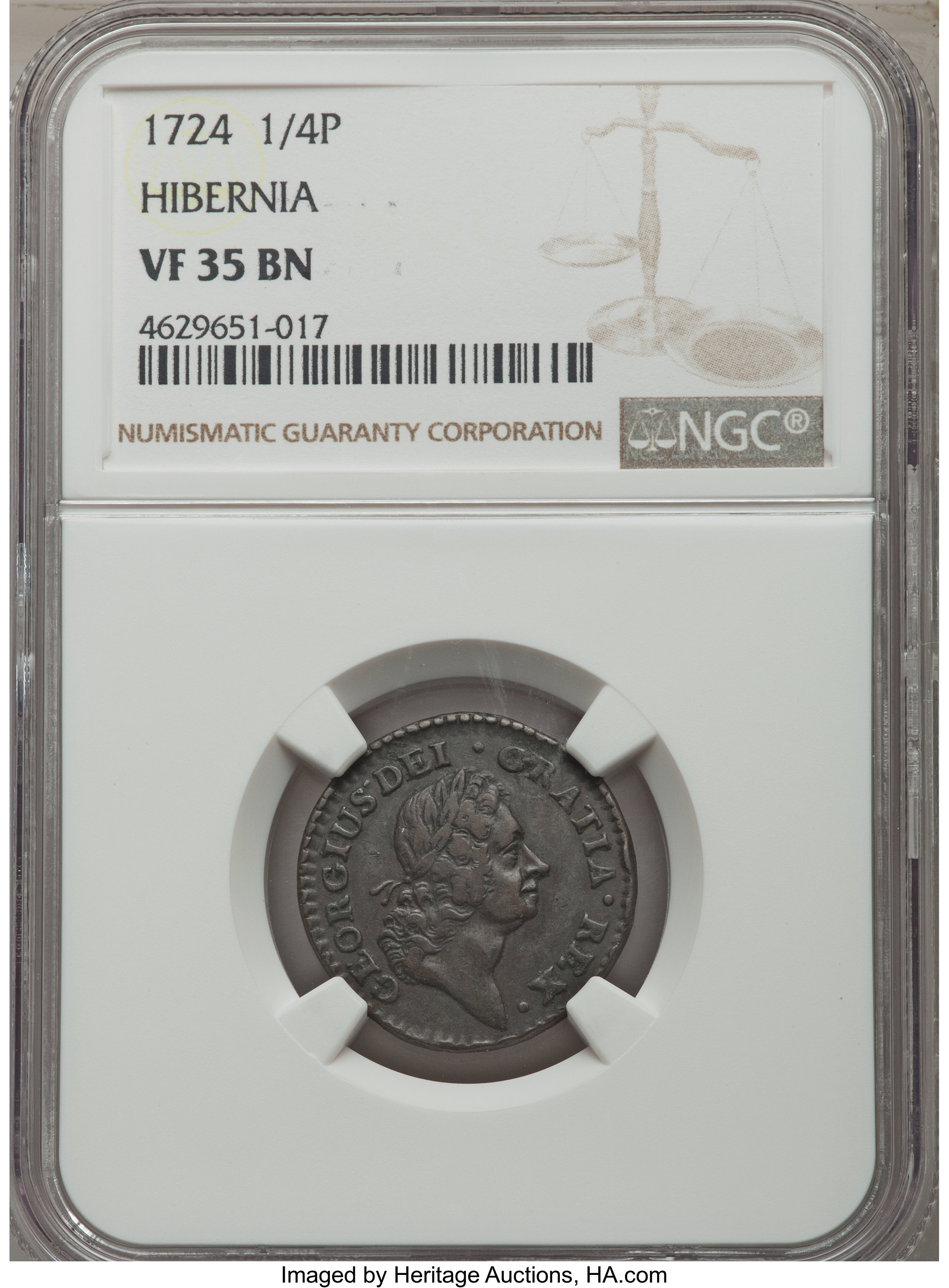 image for: 1724 FARTH Hibernia Farthing VF35 NGC. NGC Census: (2/2). PCGS Population: (2/19).  ...