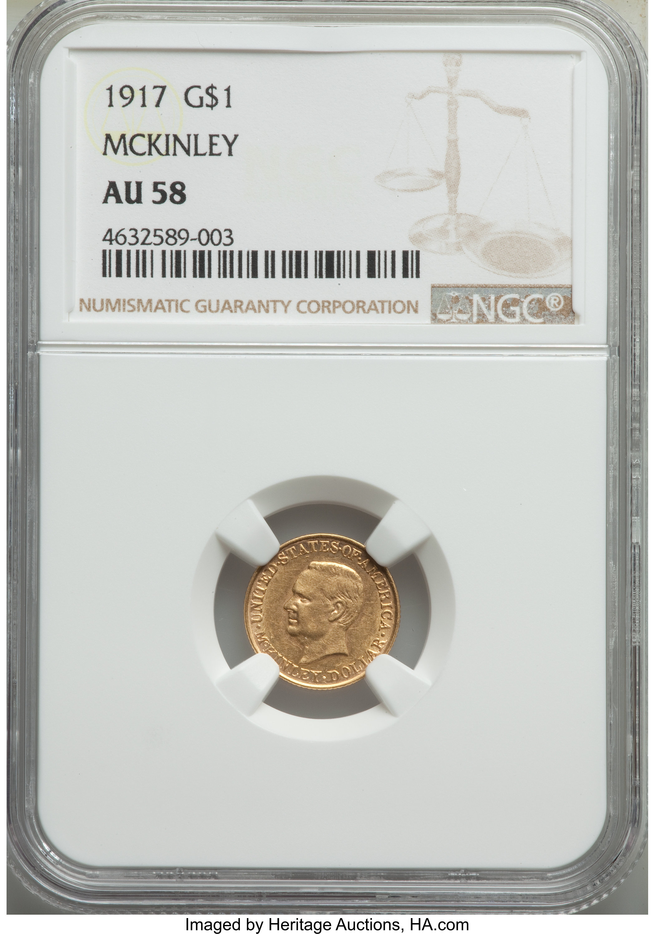 1917 G$1 McKinley Gold Dollar AU58 NGC. NGC Census: (70/1397). PCGS Population: (98/2734). AU58. Mintage 10,000. ...