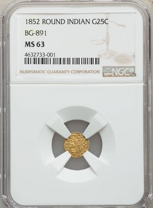 image for: 1852 25C Indian Round 25 Cents, BG-891, Low R.5, MS63 NGC. NGC Census: (4/5). PCGS Population: (8/23). ...