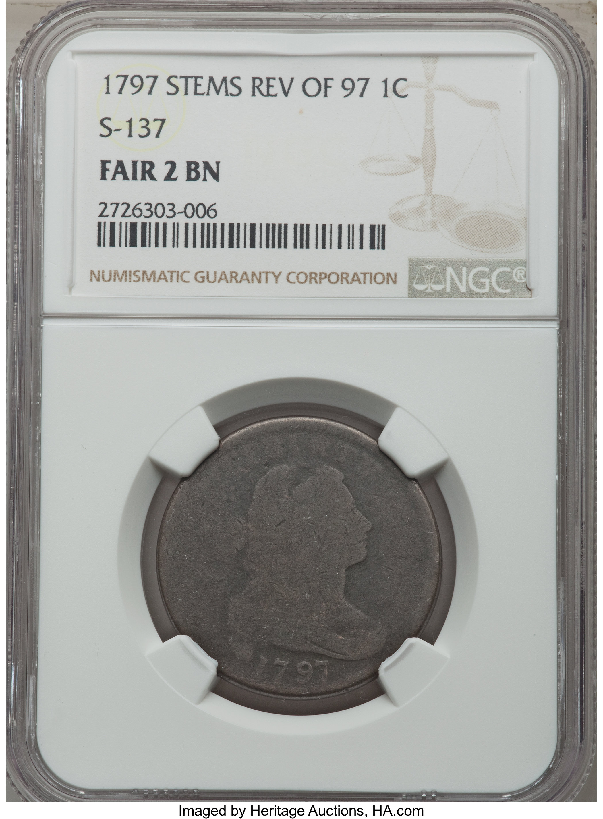 image for: 1797 1C Reverse of 1797, Stems, S-137, B-8, R.2, Fair 2 NGC. NGC Census: (1/4). PCGS Population: (0/6).  ...