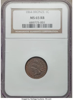 image for: 1864 1C Bronze MS65 Red and Brown NGC. NGC Census: (0/0). PCGS Population: (5447/432). MS65....