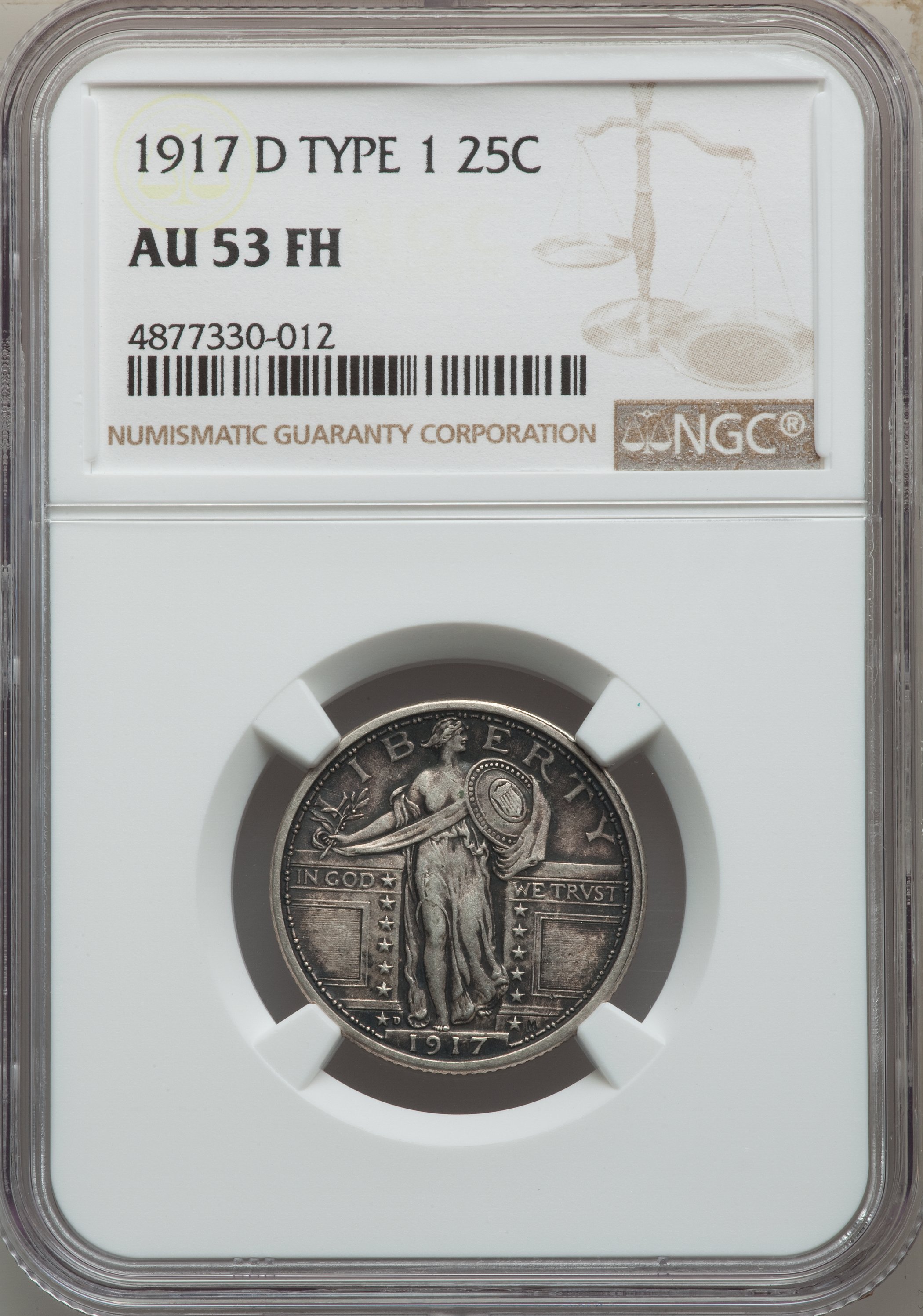 1917-D 25C Type One AU53 Full Head NGC. NGC Census: (3/1208). PCGS Population: (12/1968). Mintage 1,509,200. ...