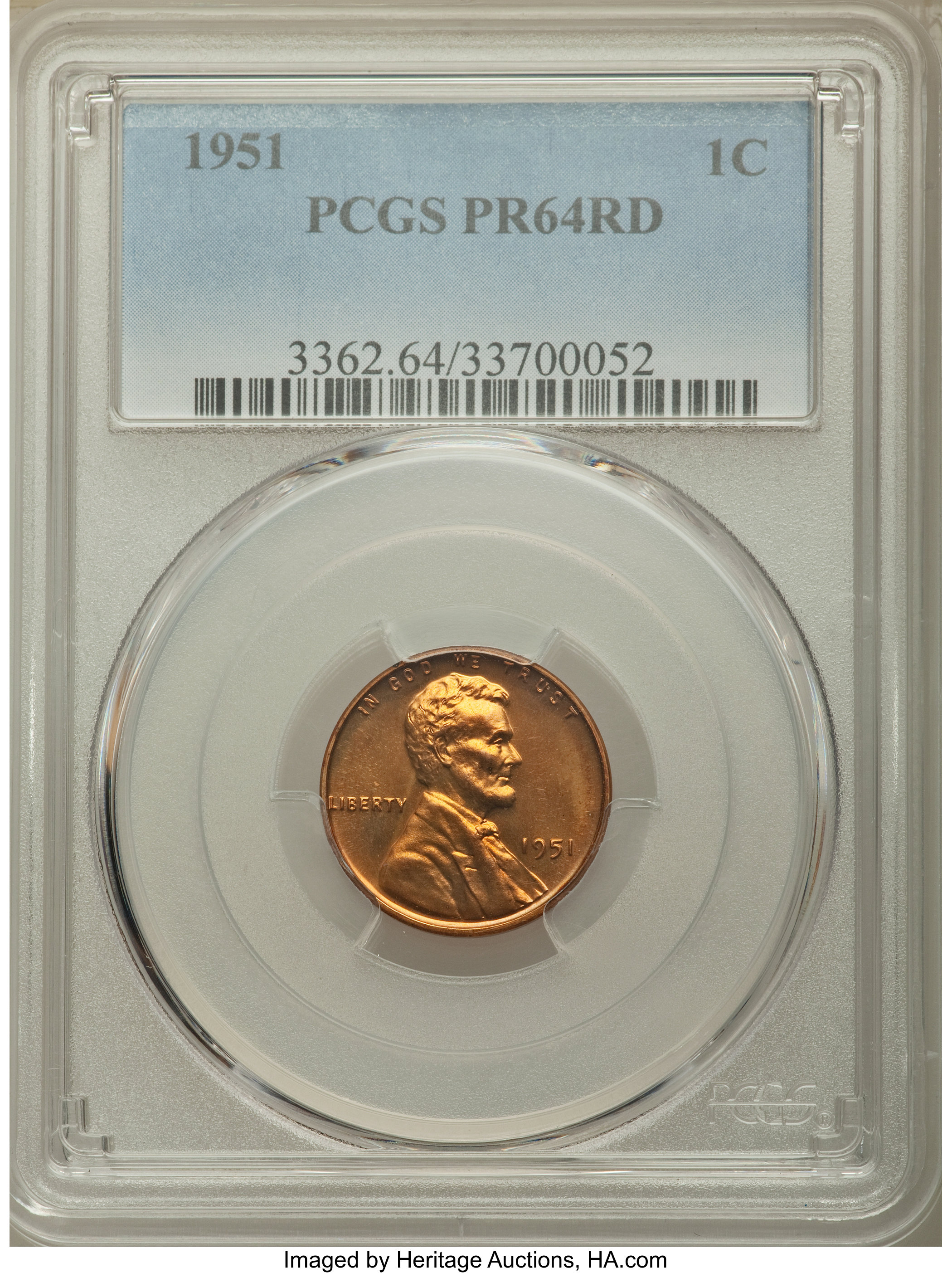 Five-Piece 1951 Proof Set PR64 to MS66 PCGS. Individually Housed. The Set Includes: Cent PR64 Red; Nickel PR66; Dime PR66;... (Total: 5 coins)