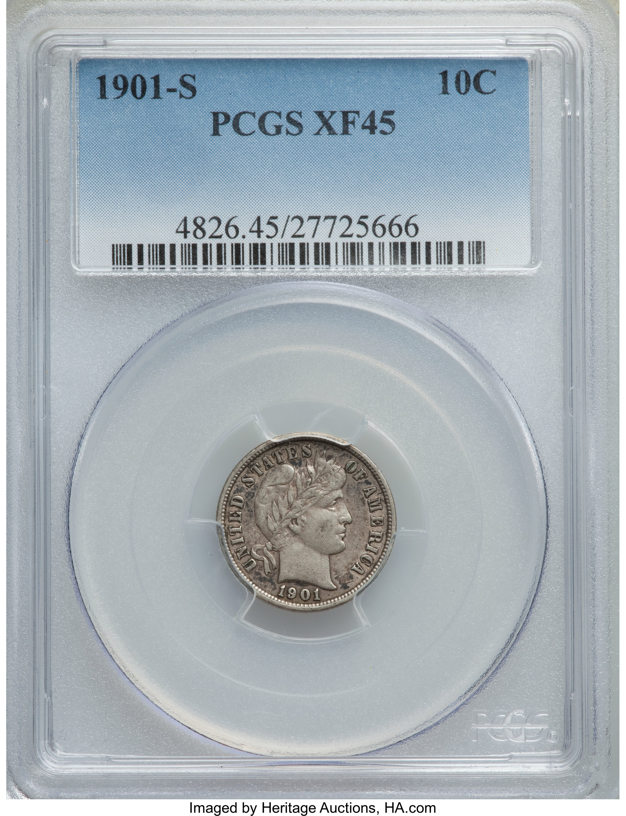 1901-S 10C XF45 PCGS. PCGS Population: (21/80). NGC Census: (13/56). CDN: $500 Whsle. Bid for problem-free NGC/PCGS XF45. M...
