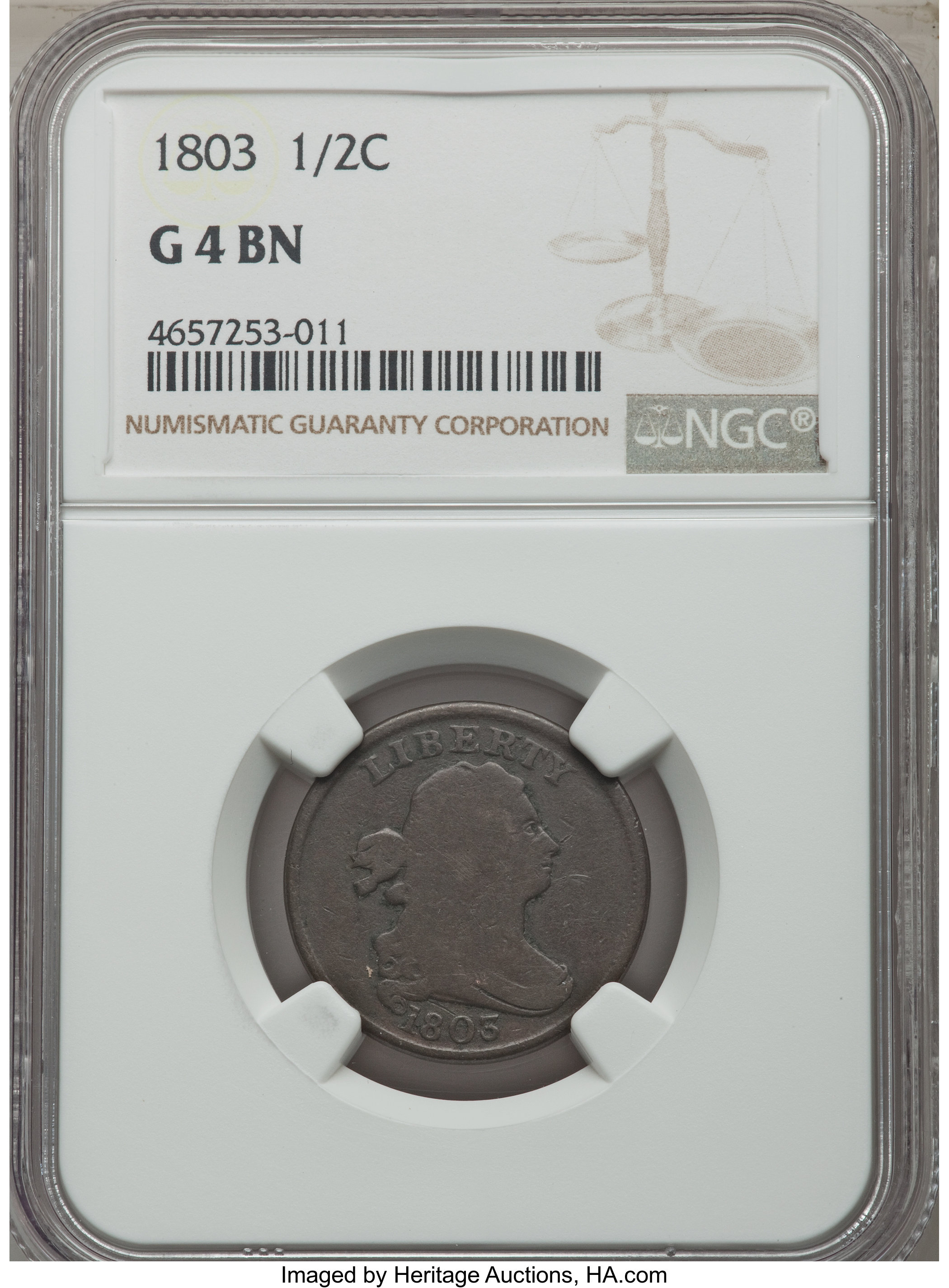 1803 1/2 C Good 4 NGC. NGC Census: (0/0). PCGS Population: (20/371). Good 4 . Mintage 92,000. ...