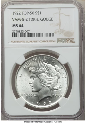image for: 1922 $1 Tripled Leaves & Gouge, VAM-5-2, MS64 NGC. A Top 50 Variety. NGC Census: (0/0). PCGS Population: (15/2). MS64....
