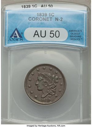 image for: 1839 1C Head of 1838, Beaded Cords, N-2, R.2, AU50 ANACS. NGC Census: (1/19). PCGS Population: (0/13). AU50. Mintage 3,128,...