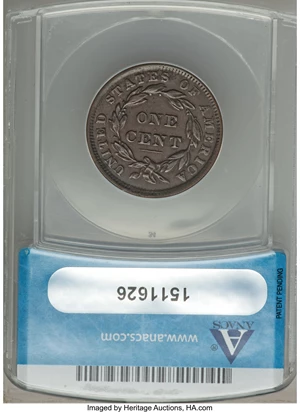 image for: 1839 1C Head of 1838, Beaded Cords, N-2, R.2, AU50 ANACS. NGC Census: (1/19). PCGS Population: (0/13). AU50. Mintage 3,128,...