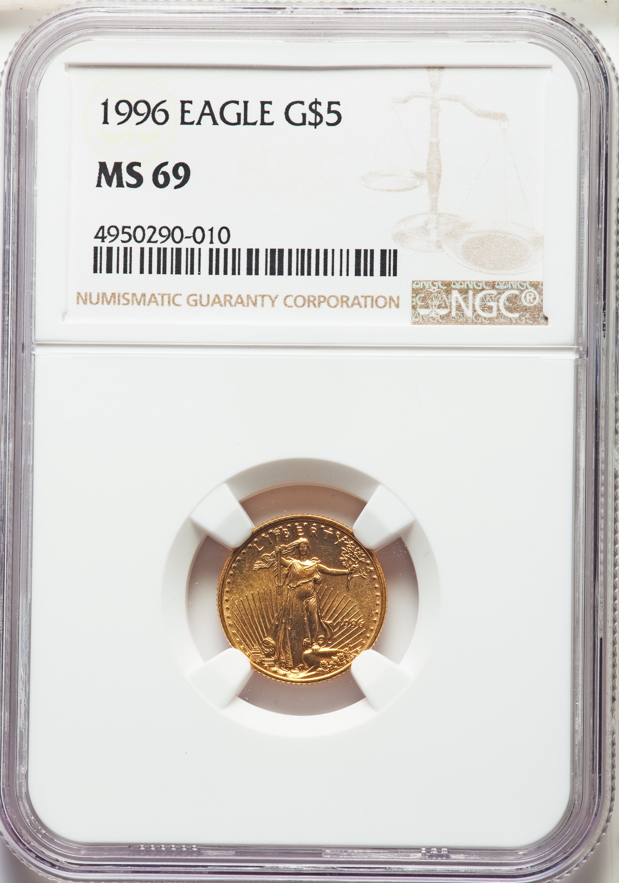image for: 1996 $5 Tenth-Ounce Gold Eagle MS69 NGC. NGC Census: (2834/593). PCGS Population: (1333/53). MS69. Mintage 401,964.  The im...