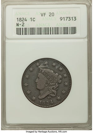 image for: 1824 1C N-2, R.2, VF20 ANACS. NGC Census: (1/21). PCGS Population: (0/14). VF20. Mintage 1,262,000. ...