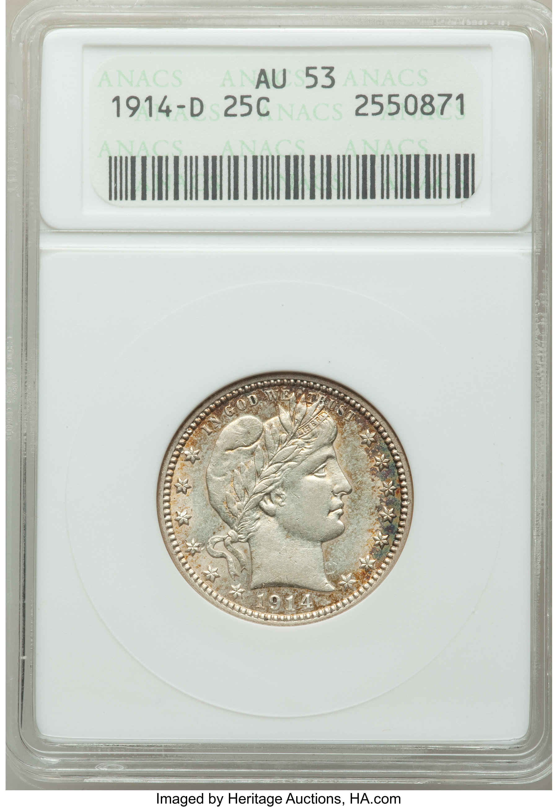1914-D 25C AU53 ANACS. NGC Census: (5/293). PCGS Population: (19/464). AU53. Mintage 3,046,000. ...